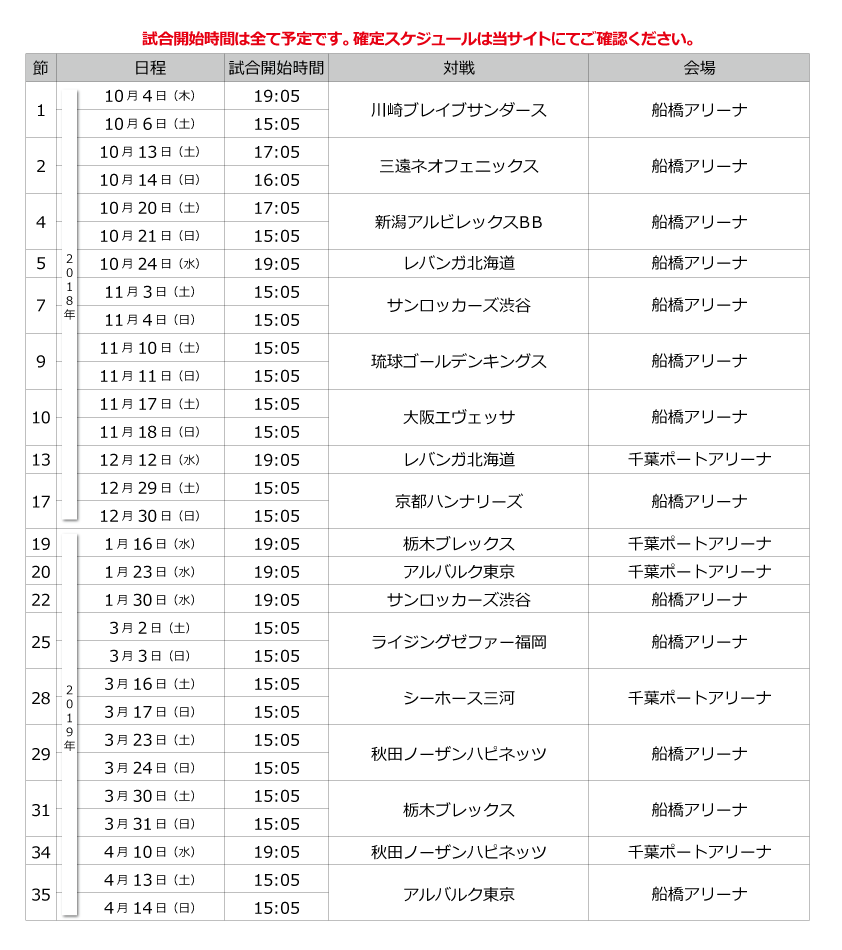 2018-19ホームゲームスケジュール